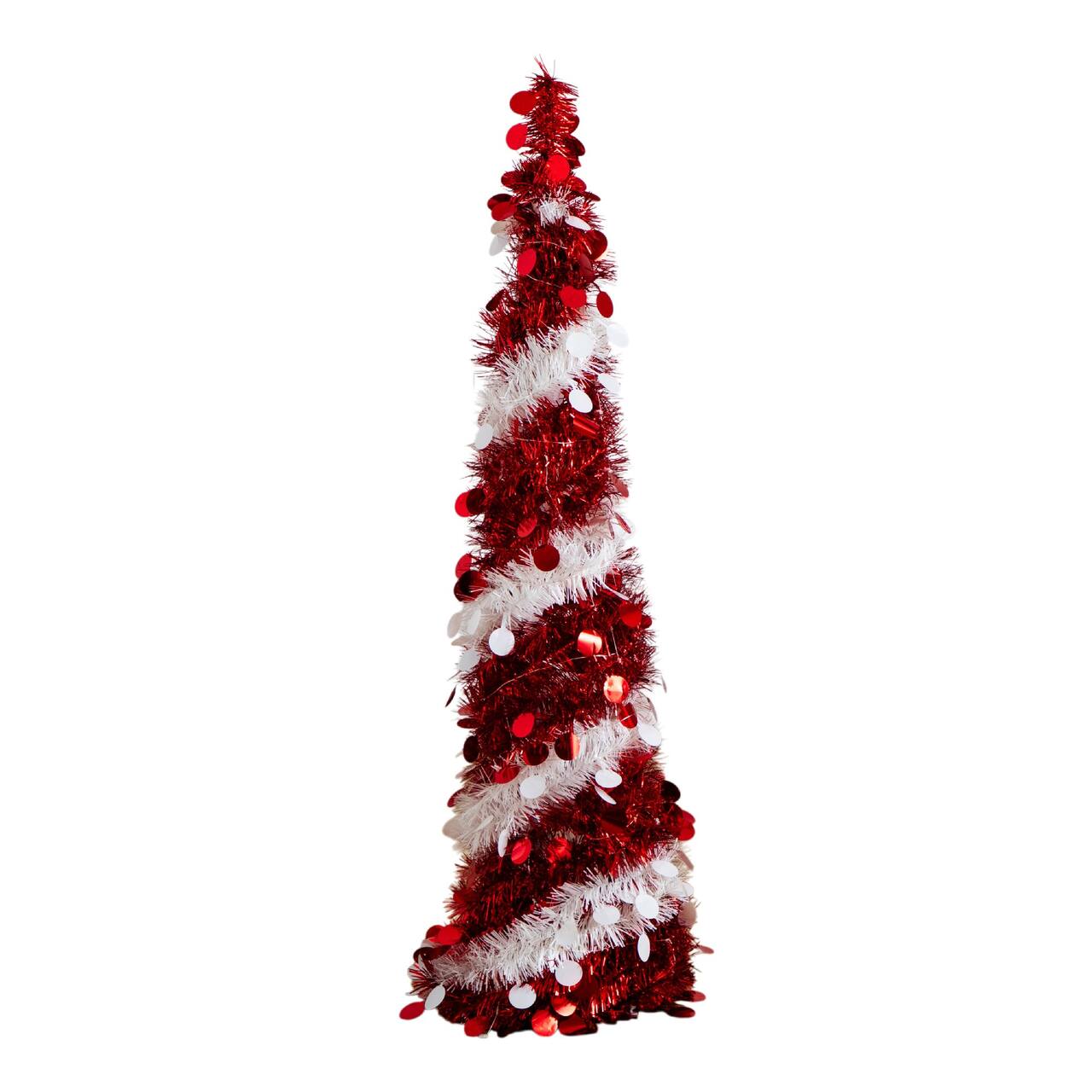 4ft. Pre-Lit Pop up Red & White Tinsel Christmas Tree, Multicolor Lights